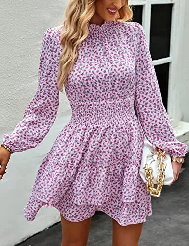 ADEWEL Women's Long Sleeve Mock Neck Ruffle Mini Dress
