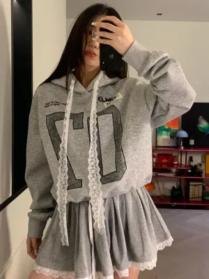 Black Friday Joskaa Grey Oversized Hoodie with Lace Sporty Chic Hip Hop Long Sleeve Sweatshirt Letter Print Pullovers Autumn Kpop Clothes
