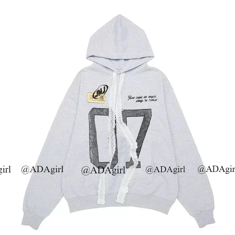 Black Friday Joskaa Grey Oversized Hoodie with Lace Sporty Chic Hip Hop Long Sleeve Sweatshirt Letter Print Pullovers Autumn Kpop Clothes