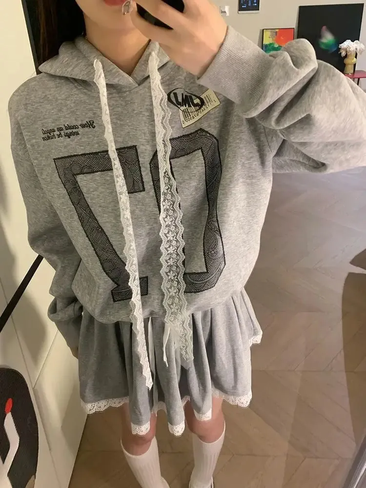 Black Friday Joskaa Grey Oversized Hoodie with Lace Sporty Chic Hip Hop Long Sleeve Sweatshirt Letter Print Pullovers Autumn Kpop Clothes