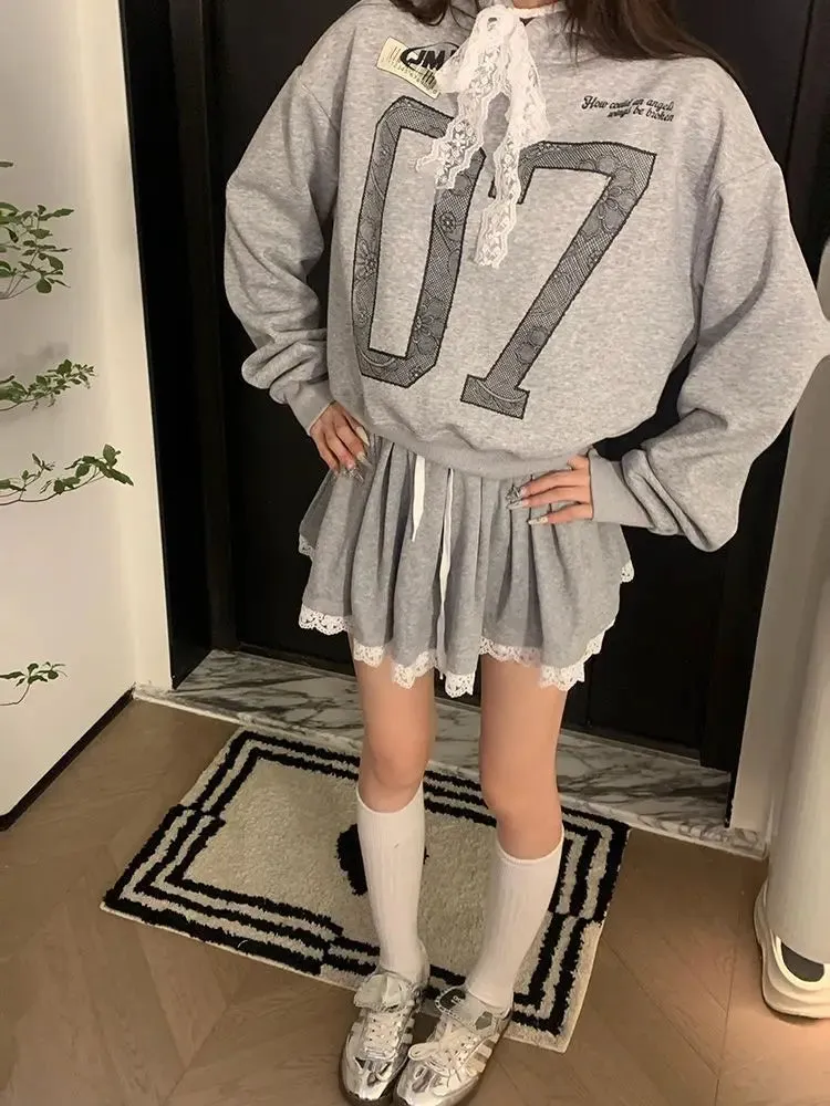 Black Friday Joskaa Grey Oversized Hoodie with Lace Sporty Chic Hip Hop Long Sleeve Sweatshirt Letter Print Pullovers Autumn Kpop Clothes