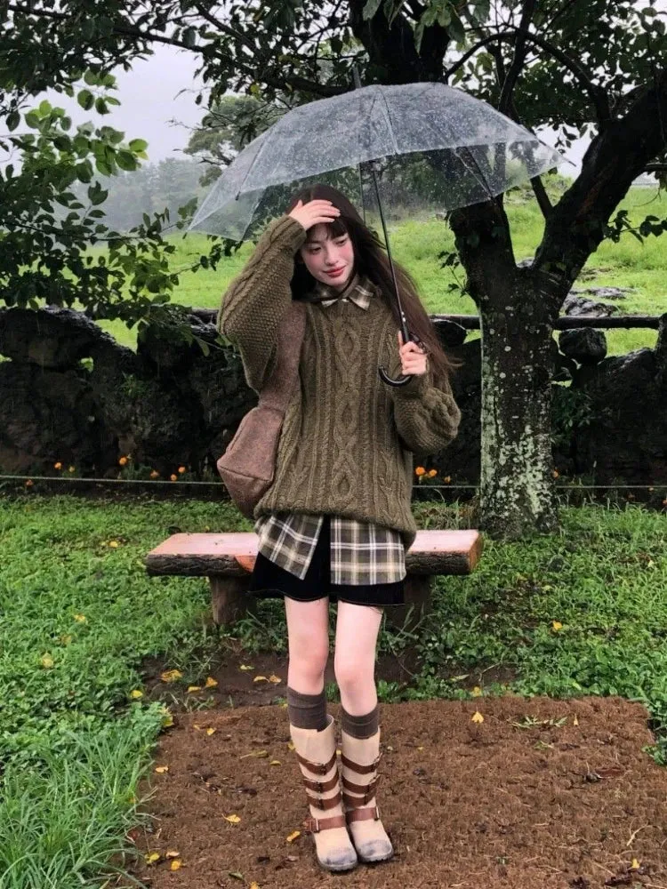 Black Friday Joskaa Vintage Green Knitwear Pullovers Long Sleeve Oversized Sweater Women Fairy Grunge Autumn Winter Thick Warm Clothes Chic