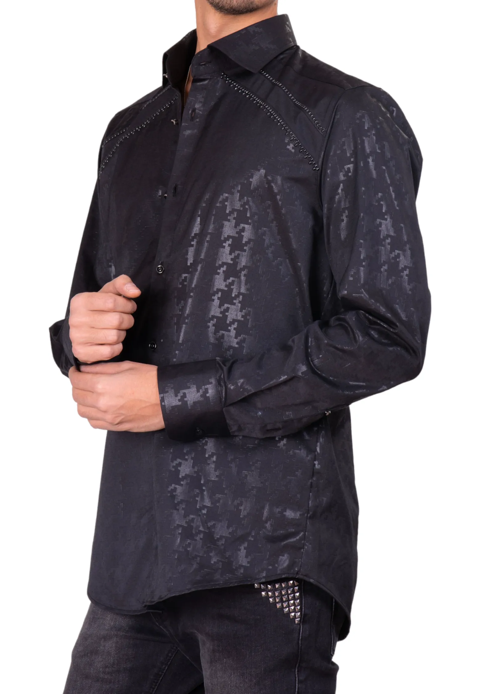Black Houndstooth Print Studded Shirt