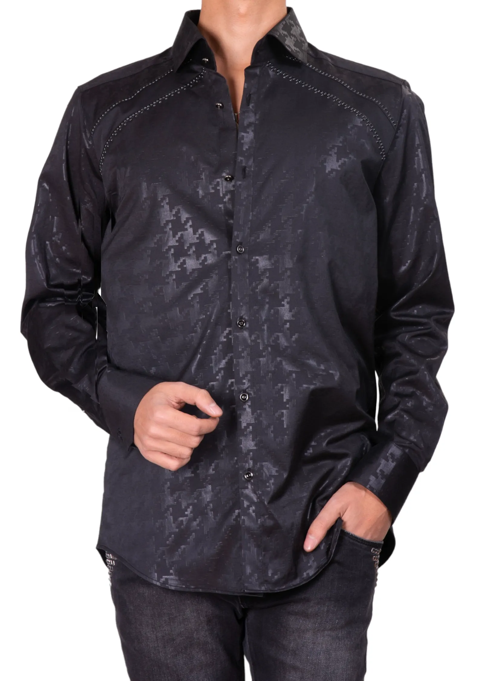 Black Houndstooth Print Studded Shirt
