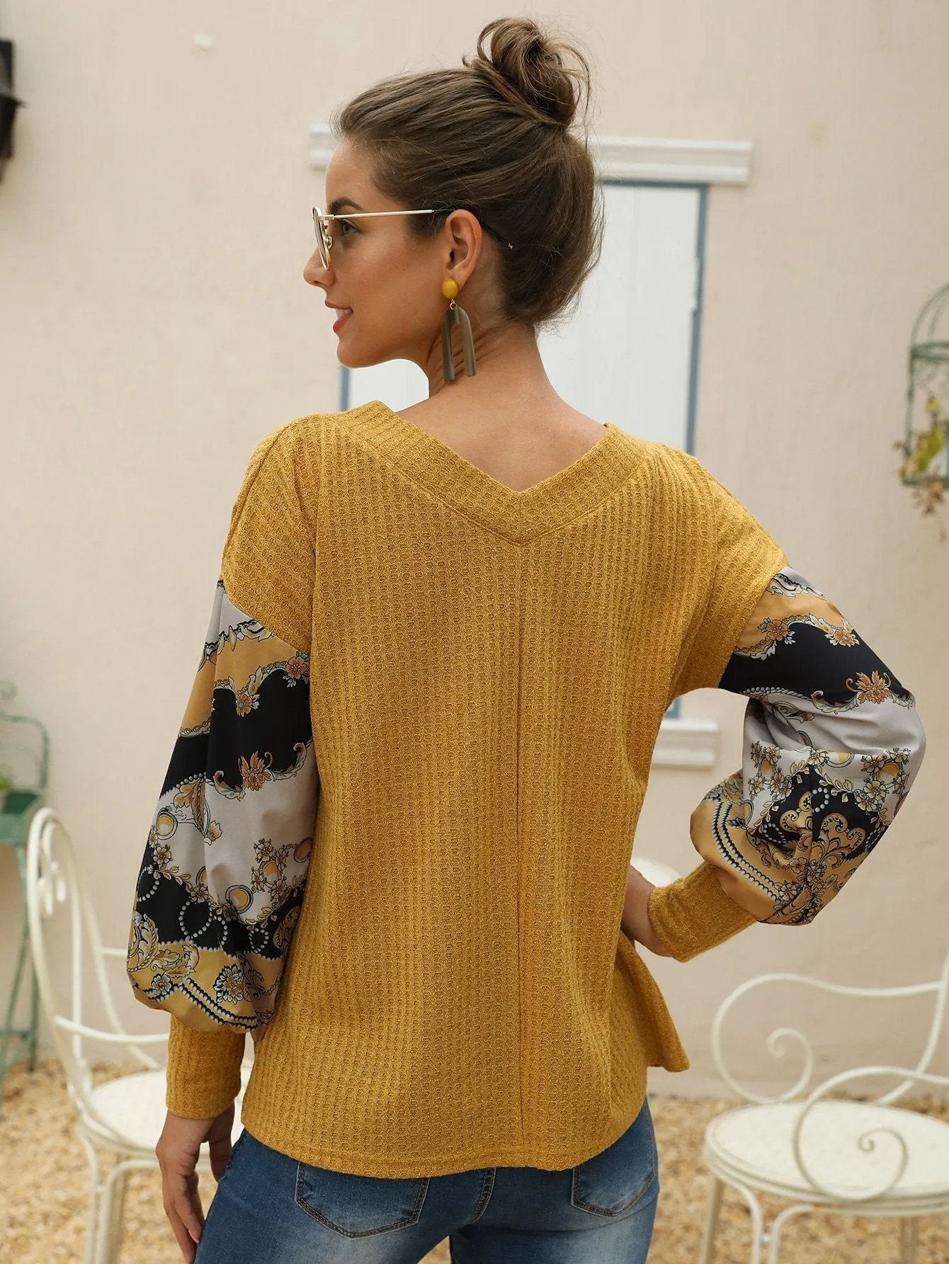 Chain Print Puff Sleeve Waffle Knit Jumper