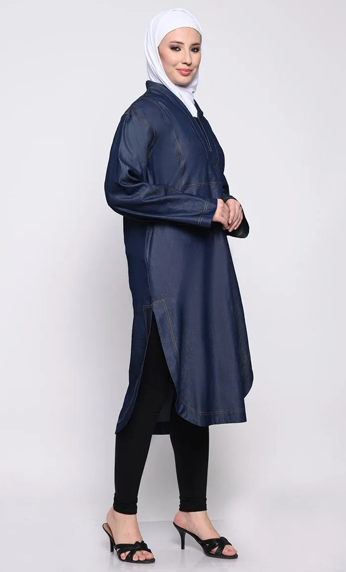 Contemporary Denim Tunic with full sleeves and Curved Hem
