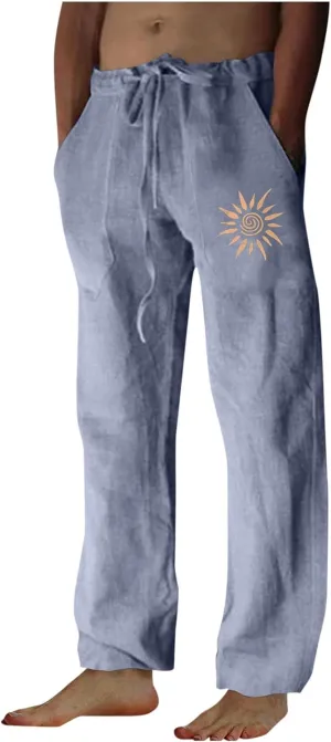 Finelylove Mens Cotton Linen Casual Pants Elastic Waist Graphic Lounge Pants Loose Fit Straight Trousers Big and Tall