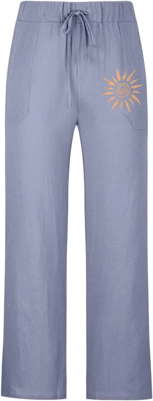 Finelylove Mens Cotton Linen Casual Pants Elastic Waist Graphic Lounge Pants Loose Fit Straight Trousers Big and Tall