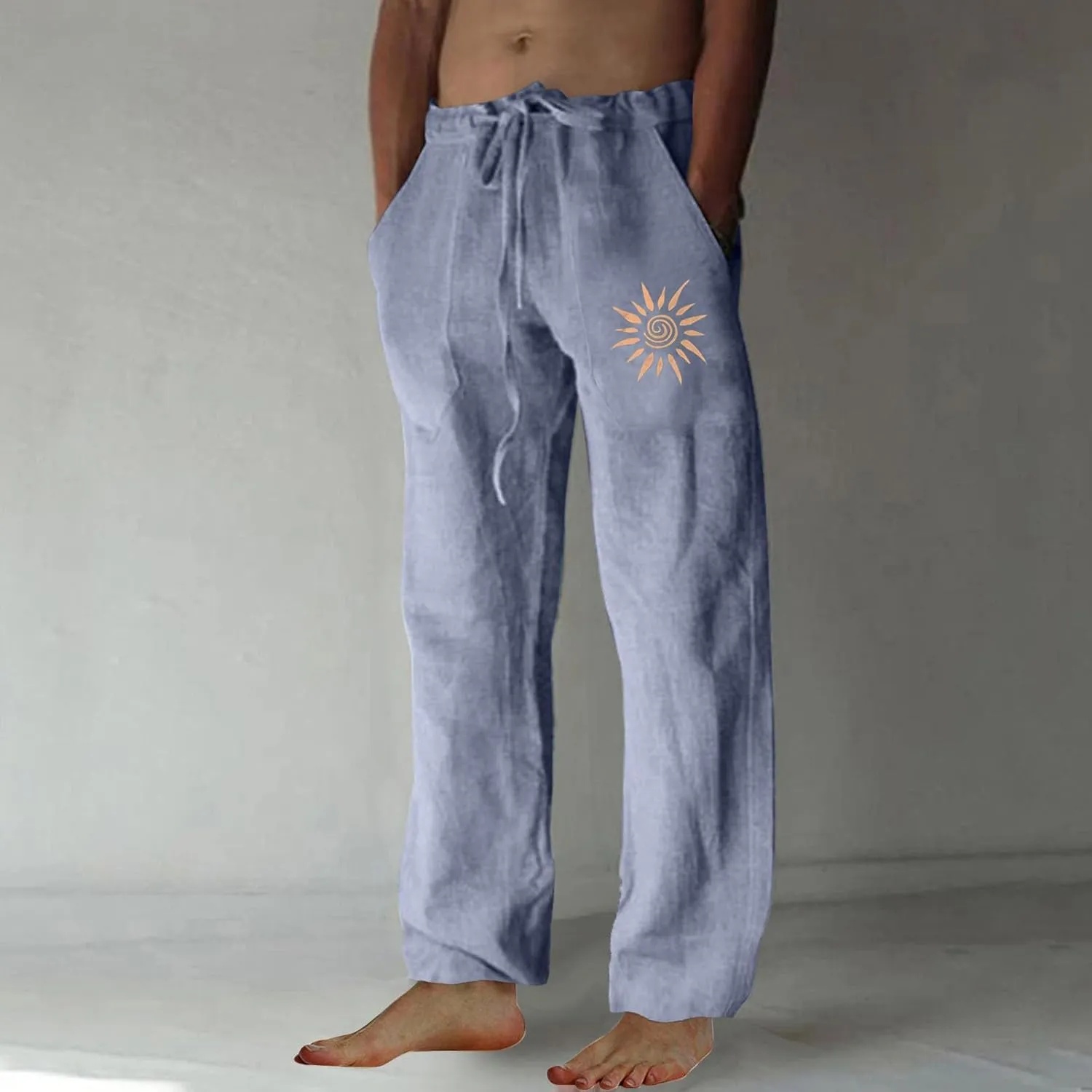 Finelylove Mens Cotton Linen Casual Pants Elastic Waist Graphic Lounge Pants Loose Fit Straight Trousers Big and Tall