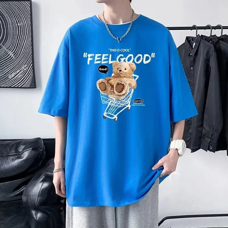 Flytonn-90s streetwear  Funny Feel Good Bear Print Tops Man Casual Oversize T Shirt Cotton Summer Short Sleeved Crewneck Y2K T Shirts Streetwear Clothes