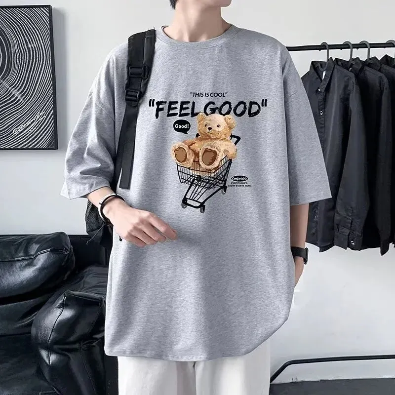 Flytonn-90s streetwear  Funny Feel Good Bear Print Tops Man Casual Oversize T Shirt Cotton Summer Short Sleeved Crewneck Y2K T Shirts Streetwear Clothes