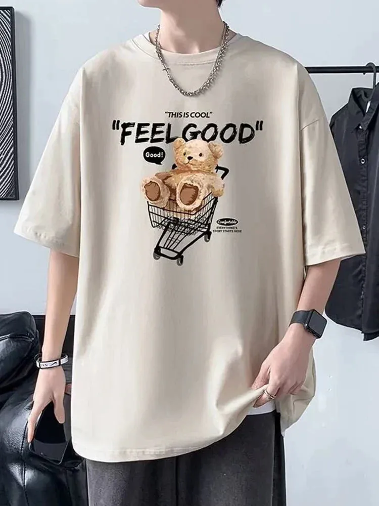 Flytonn-90s streetwear  Funny Feel Good Bear Print Tops Man Casual Oversize T Shirt Cotton Summer Short Sleeved Crewneck Y2K T Shirts Streetwear Clothes