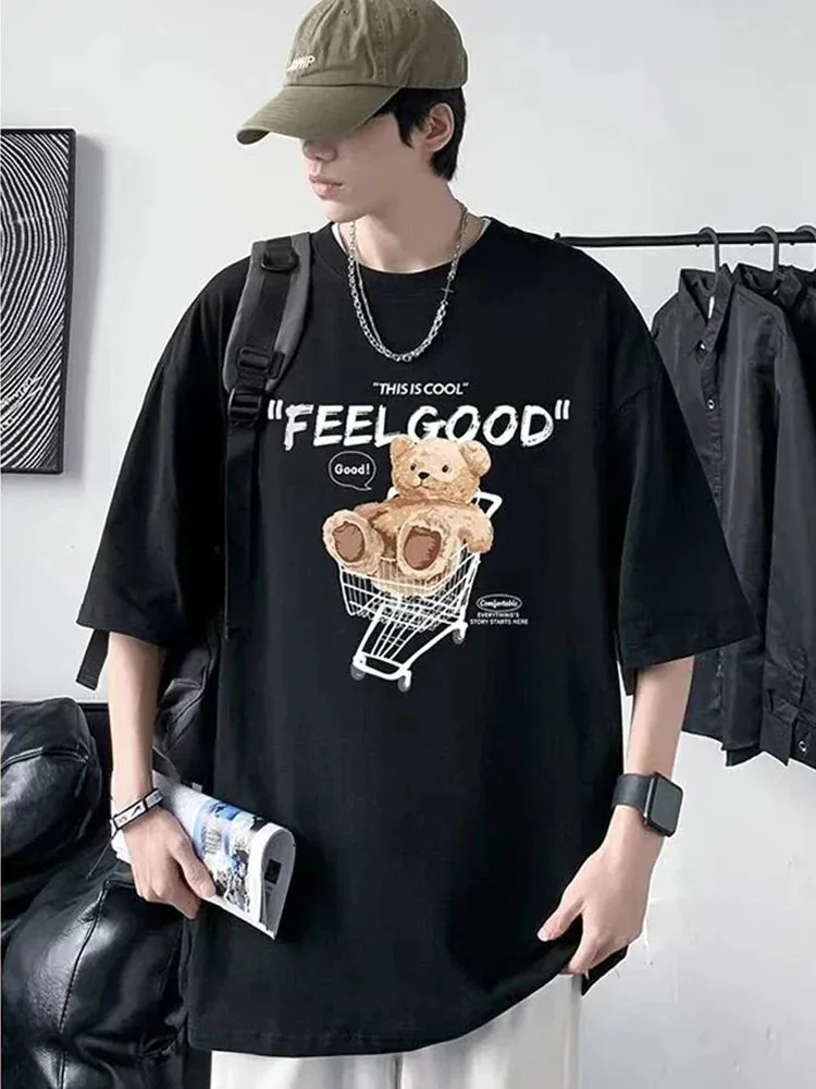Flytonn-90s streetwear  Funny Feel Good Bear Print Tops Man Casual Oversize T Shirt Cotton Summer Short Sleeved Crewneck Y2K T Shirts Streetwear Clothes