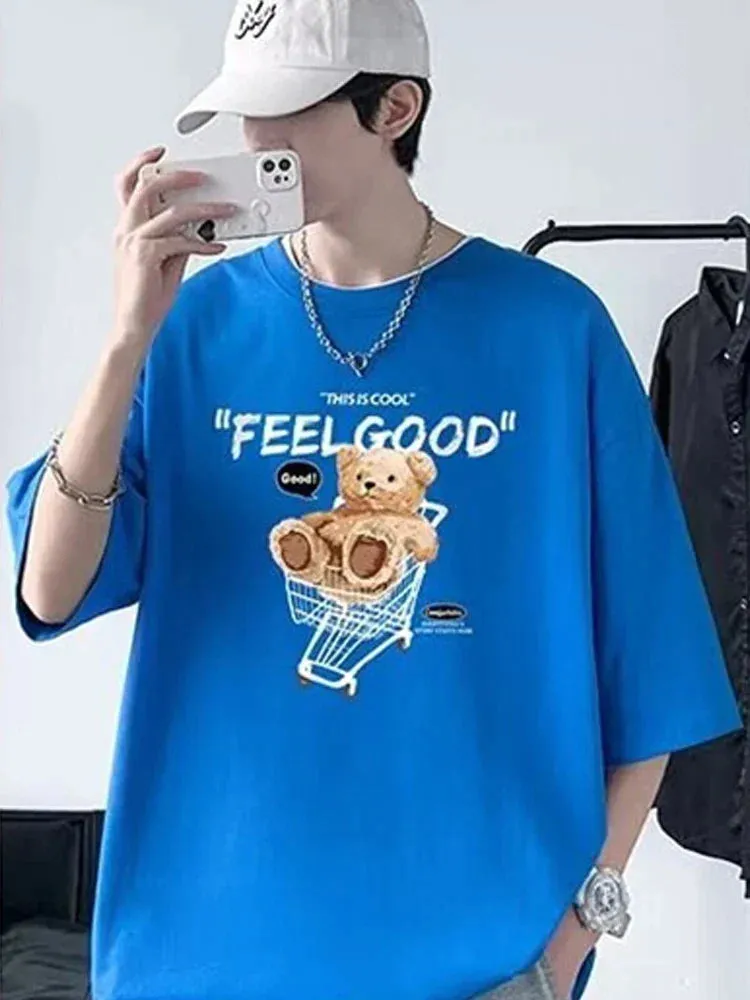 Flytonn-90s streetwear  Funny Feel Good Bear Print Tops Man Casual Oversize T Shirt Cotton Summer Short Sleeved Crewneck Y2K T Shirts Streetwear Clothes