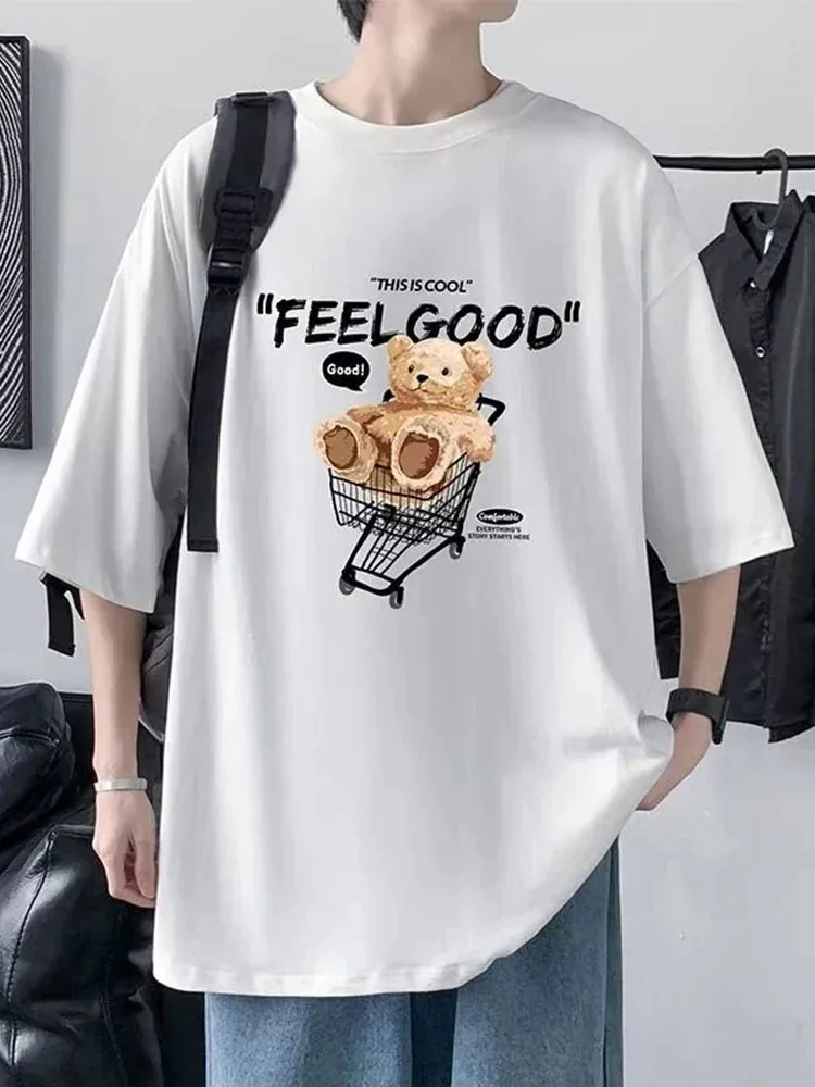 Flytonn-90s streetwear  Funny Feel Good Bear Print Tops Man Casual Oversize T Shirt Cotton Summer Short Sleeved Crewneck Y2K T Shirts Streetwear Clothes