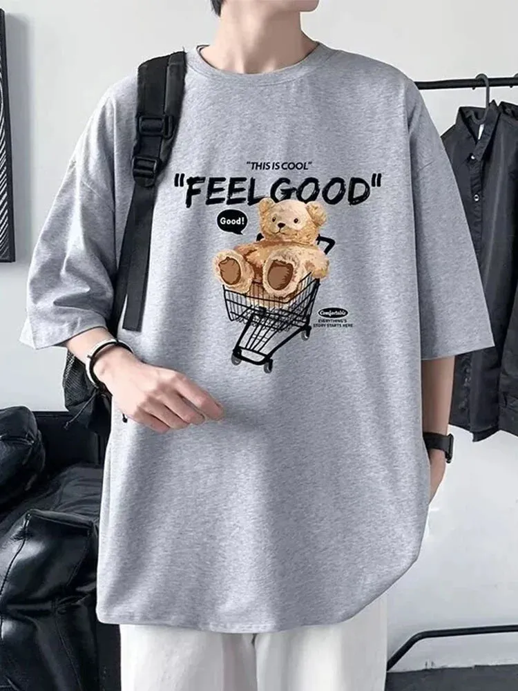 Flytonn-90s streetwear  Funny Feel Good Bear Print Tops Man Casual Oversize T Shirt Cotton Summer Short Sleeved Crewneck Y2K T Shirts Streetwear Clothes