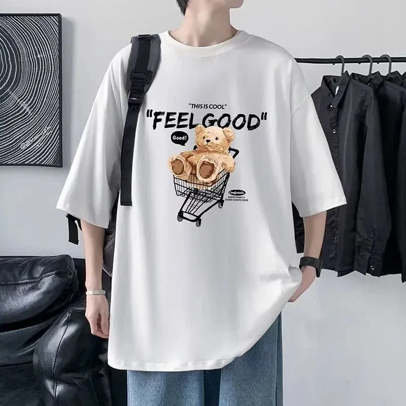 Flytonn-90s streetwear  Funny Feel Good Bear Print Tops Man Casual Oversize T Shirt Cotton Summer Short Sleeved Crewneck Y2K T Shirts Streetwear Clothes
