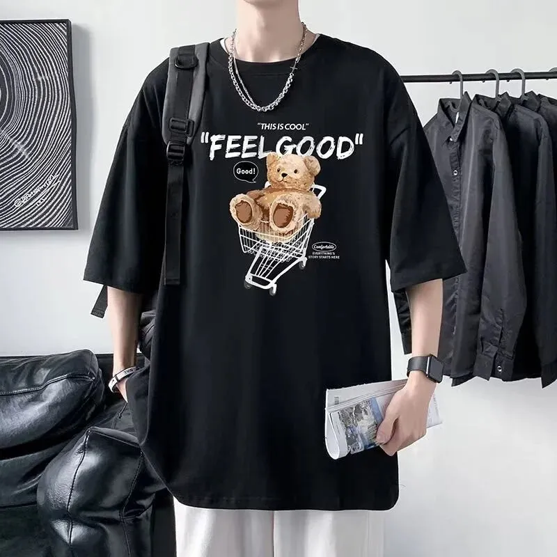 Flytonn-90s streetwear  Funny Feel Good Bear Print Tops Man Casual Oversize T Shirt Cotton Summer Short Sleeved Crewneck Y2K T Shirts Streetwear Clothes