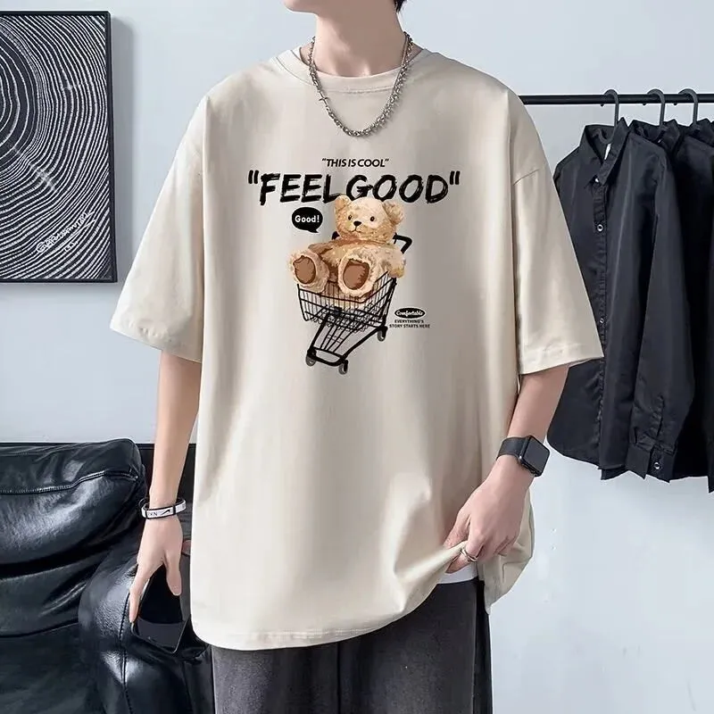 Flytonn-90s streetwear  Funny Feel Good Bear Print Tops Man Casual Oversize T Shirt Cotton Summer Short Sleeved Crewneck Y2K T Shirts Streetwear Clothes