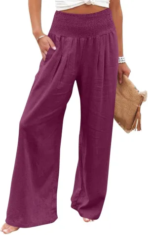 High Waisted Linen Pants Women Wide Leg Palazzo Pants Summer Smocked Casual Pant Work to Lounge Trousers with Pockets