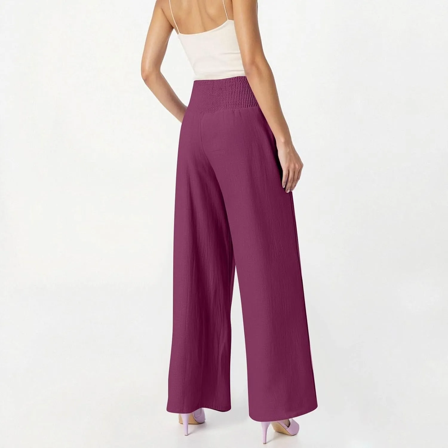 High Waisted Linen Pants Women Wide Leg Palazzo Pants Summer Smocked Casual Pant Work to Lounge Trousers with Pockets