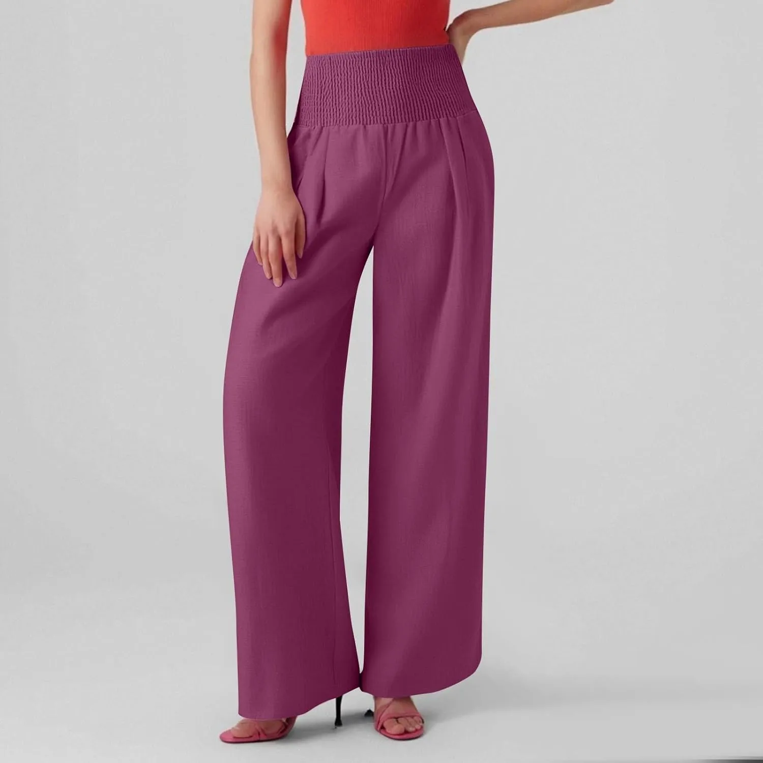 High Waisted Linen Pants Women Wide Leg Palazzo Pants Summer Smocked Casual Pant Work to Lounge Trousers with Pockets