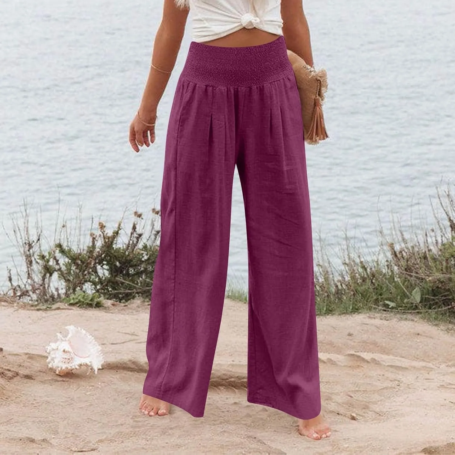 High Waisted Linen Pants Women Wide Leg Palazzo Pants Summer Smocked Casual Pant Work to Lounge Trousers with Pockets