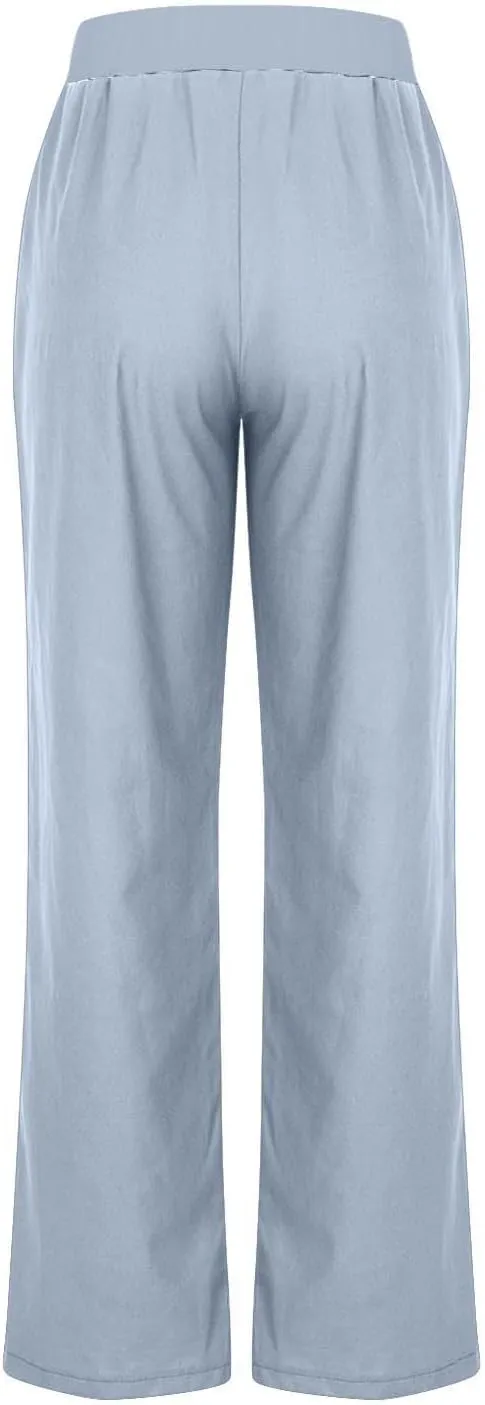Linen Pants Women 2025 Summer Lightweight Baggy Lounge Pants Elastic High Waisted Straight Leg Pull on Pants with Pockets