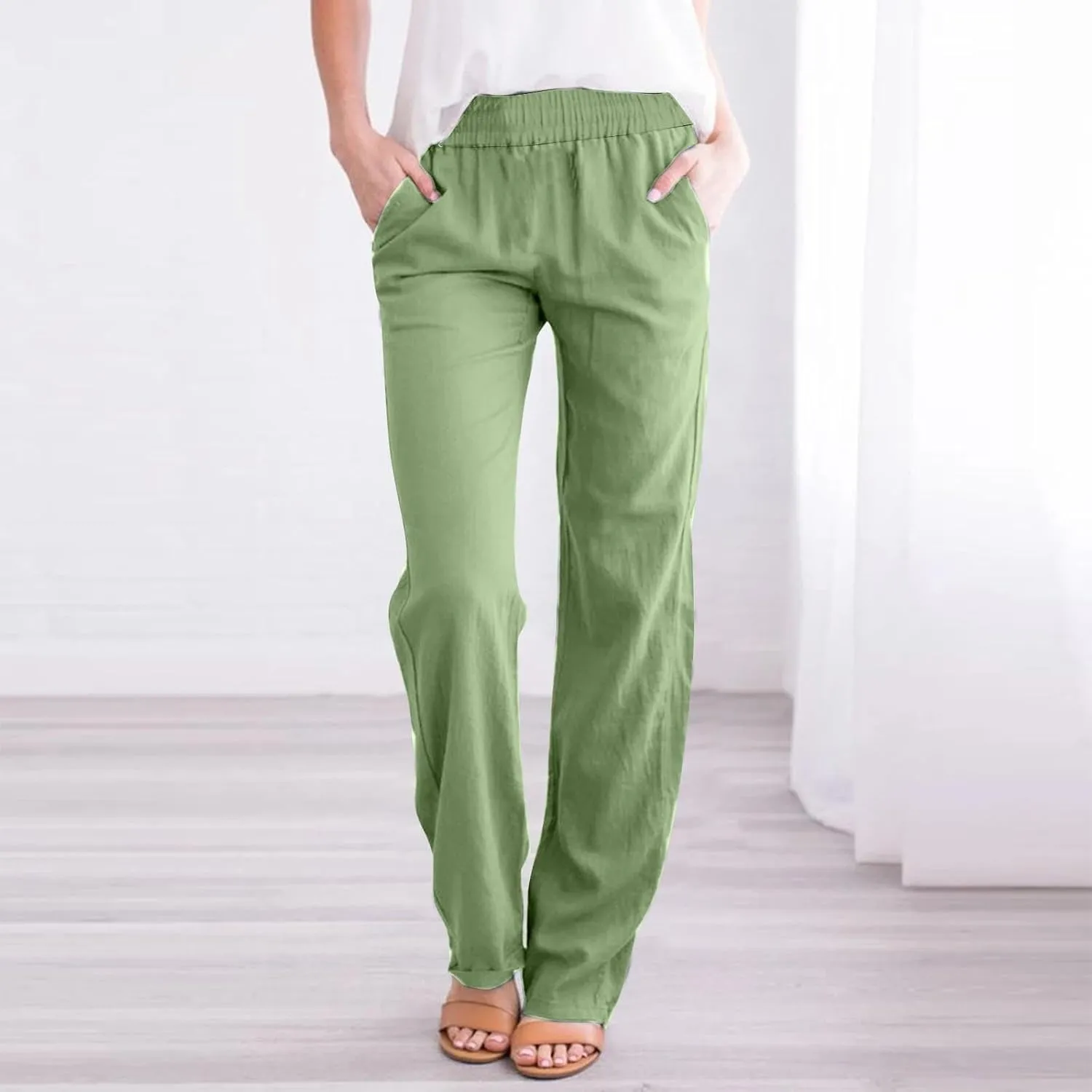Linen Pants Women 2025 Summer Lightweight Baggy Lounge Pants Elastic High Waisted Straight Leg Pull on Pants with Pockets