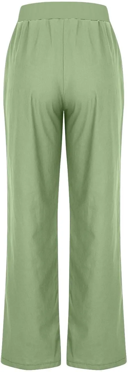 Linen Pants Women 2025 Summer Lightweight Baggy Lounge Pants Elastic High Waisted Straight Leg Pull on Pants with Pockets