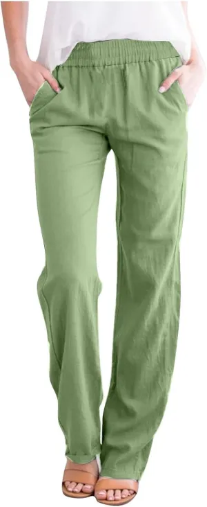 Linen Pants Women 2025 Summer Lightweight Baggy Lounge Pants Elastic High Waisted Straight Leg Pull on Pants with Pockets