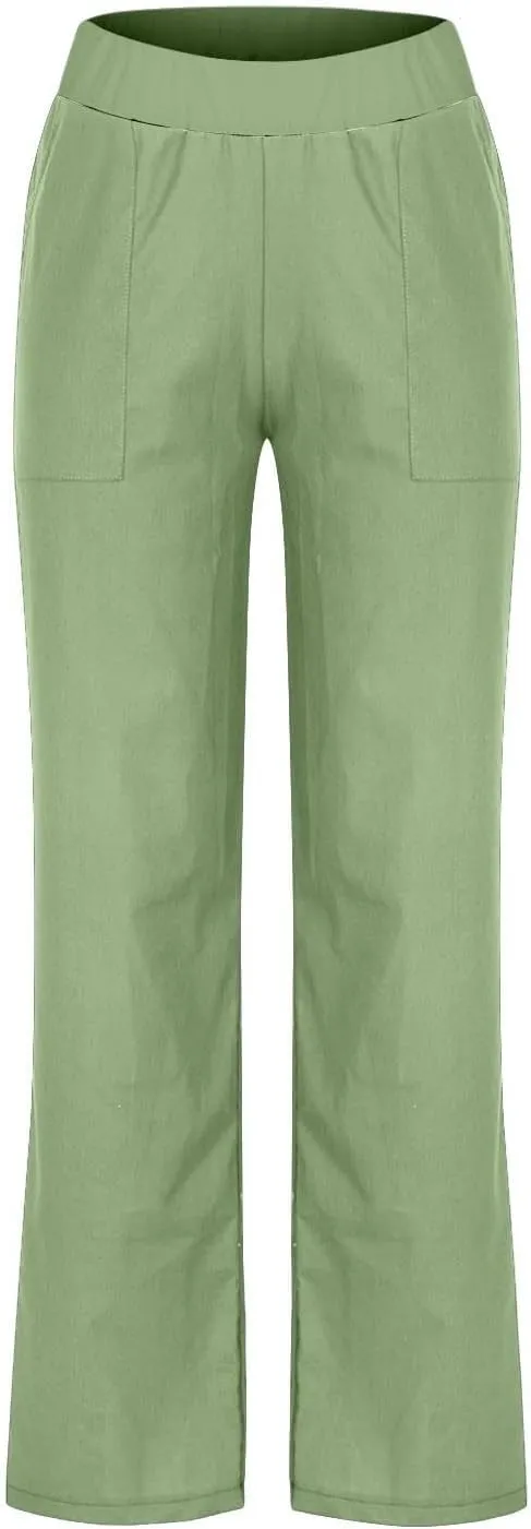 Linen Pants Women 2025 Summer Lightweight Baggy Lounge Pants Elastic High Waisted Straight Leg Pull on Pants with Pockets