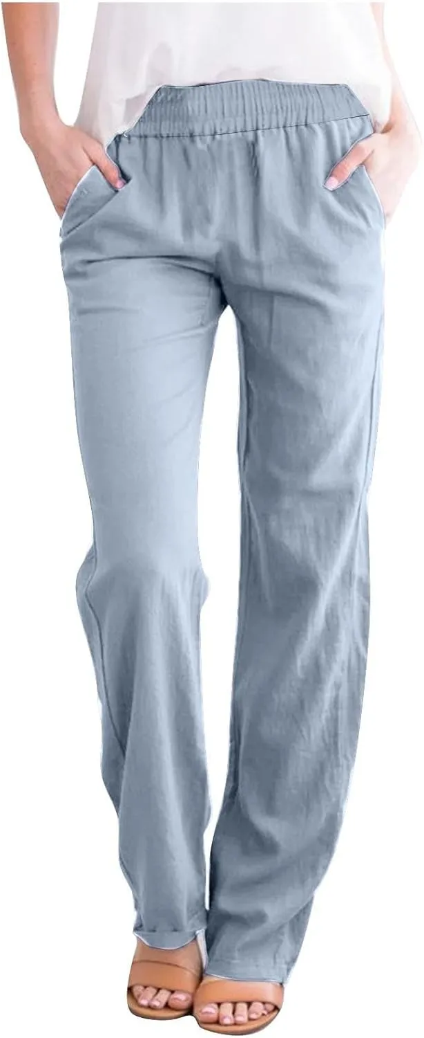 Linen Pants Women 2025 Summer Lightweight Baggy Lounge Pants Elastic High Waisted Straight Leg Pull on Pants with Pockets