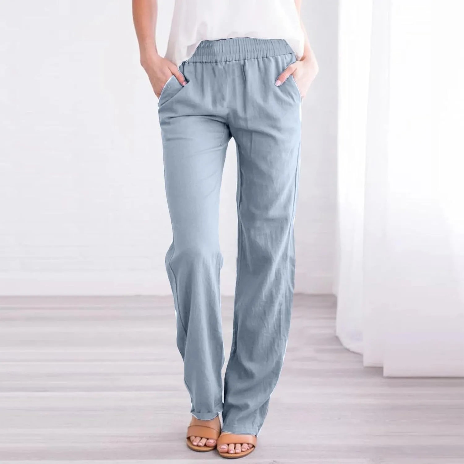 Linen Pants Women 2025 Summer Lightweight Baggy Lounge Pants Elastic High Waisted Straight Leg Pull on Pants with Pockets