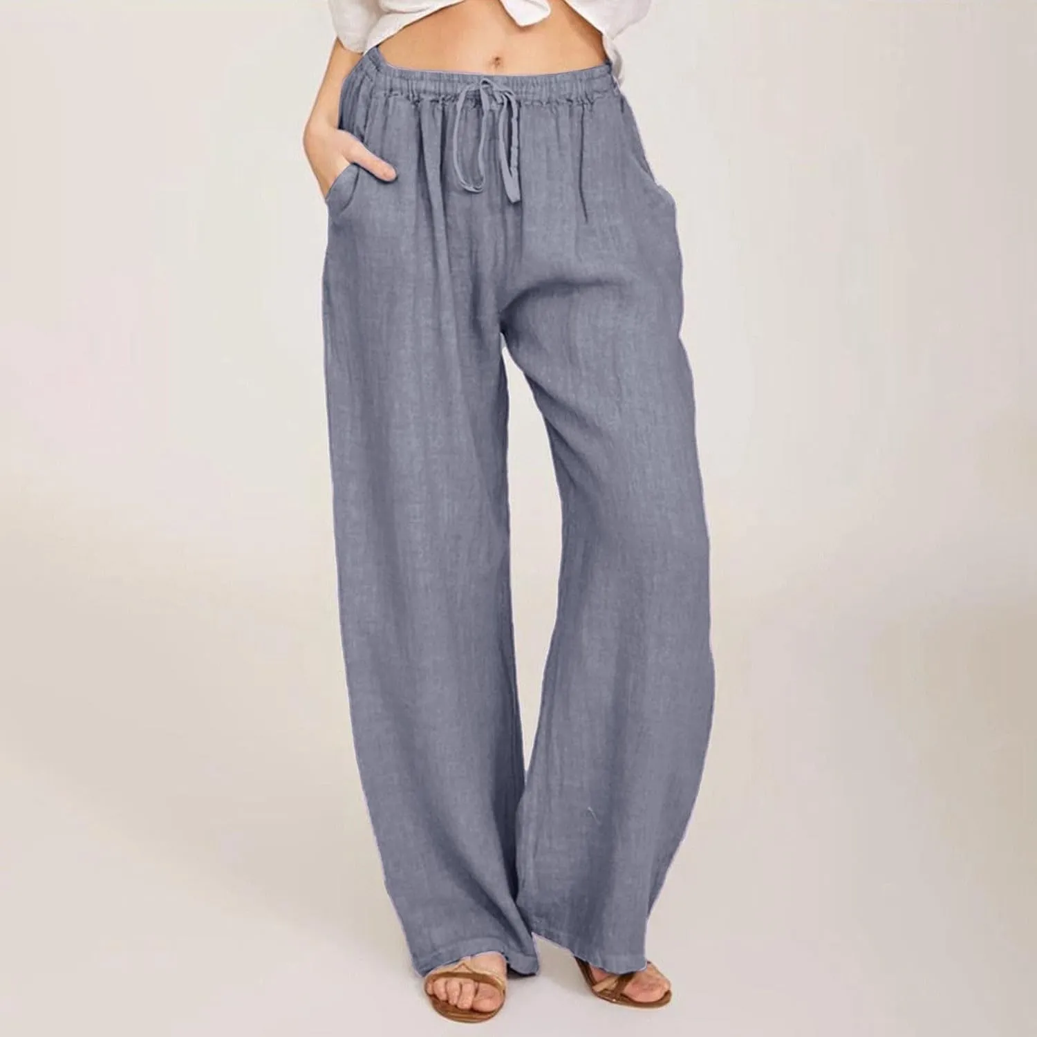 Linen Pants Women Summer Causal Drawstring High Waisted Work Pants Relaxed Fit Wide Leg Trouser Pants with Pockets