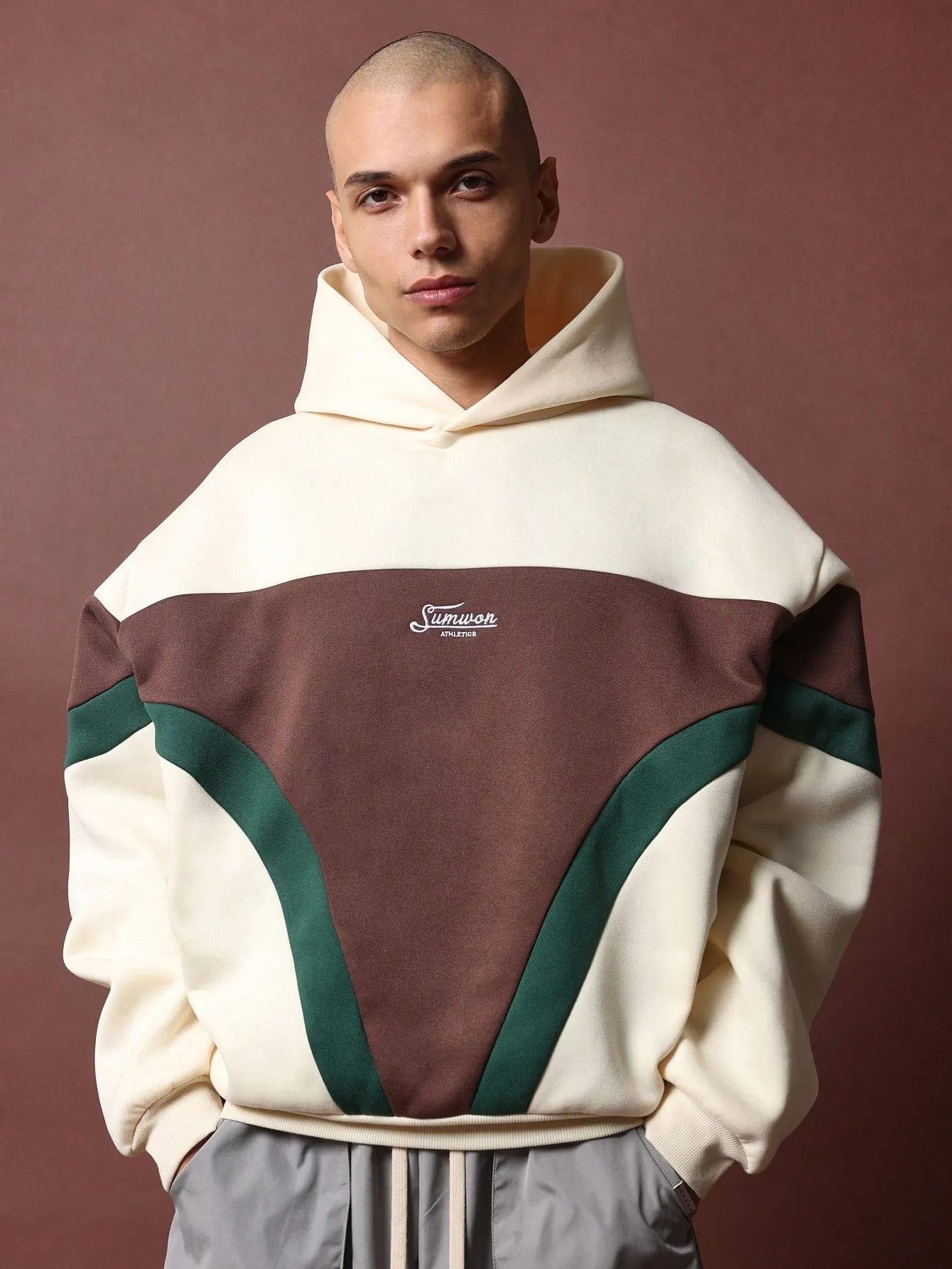 Oversized Colour Block Overhead Hoodie With Graphic Print
