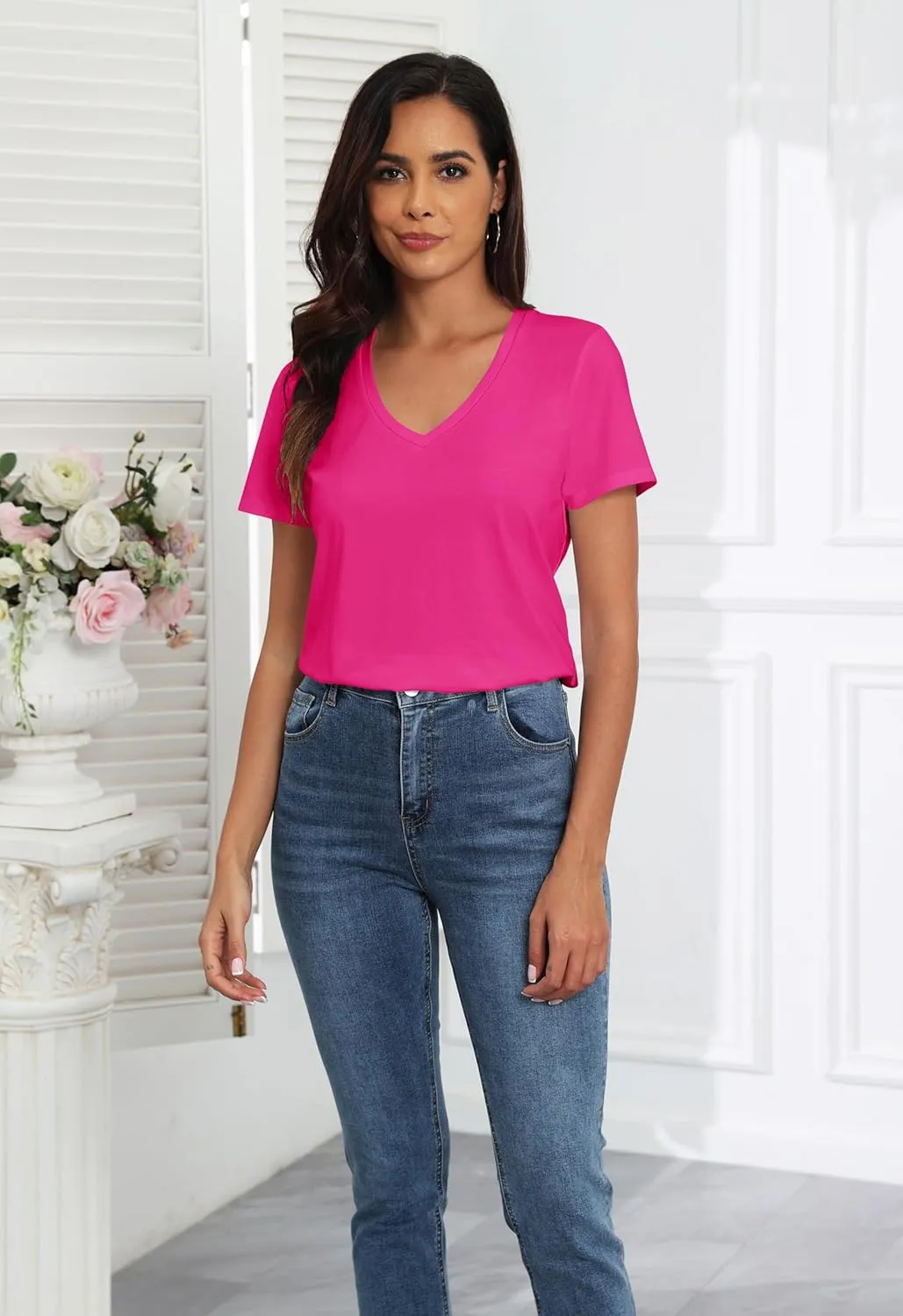 PALINDA Women's Classic Fit T Shirts Short Sleeve V Neck Casual Tee Shirt Summer Tops