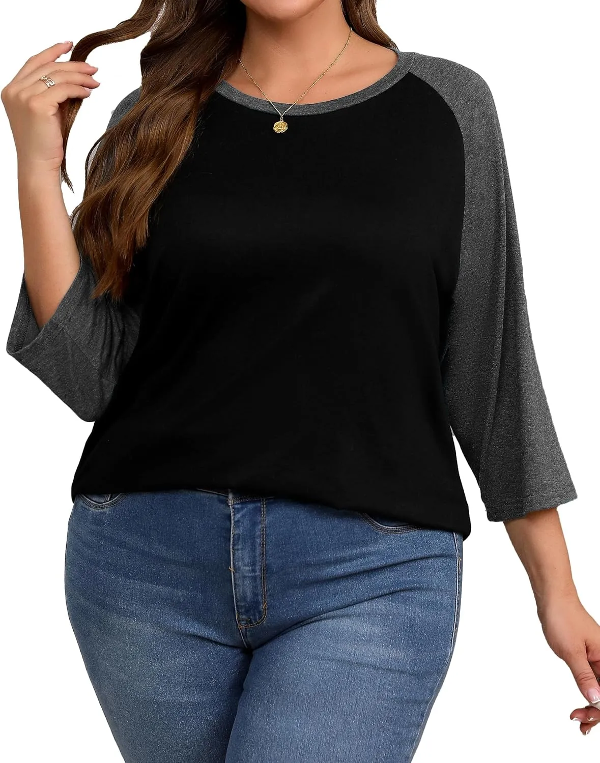 Plus Size 3/4 Sleeve Tops Women Color Block Tshirts Casual Trendy Tee Shirts