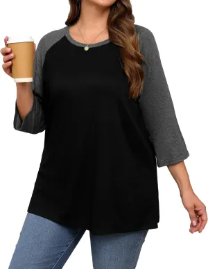 Plus Size 3/4 Sleeve Tops Women Color Block Tshirts Casual Trendy Tee Shirts
