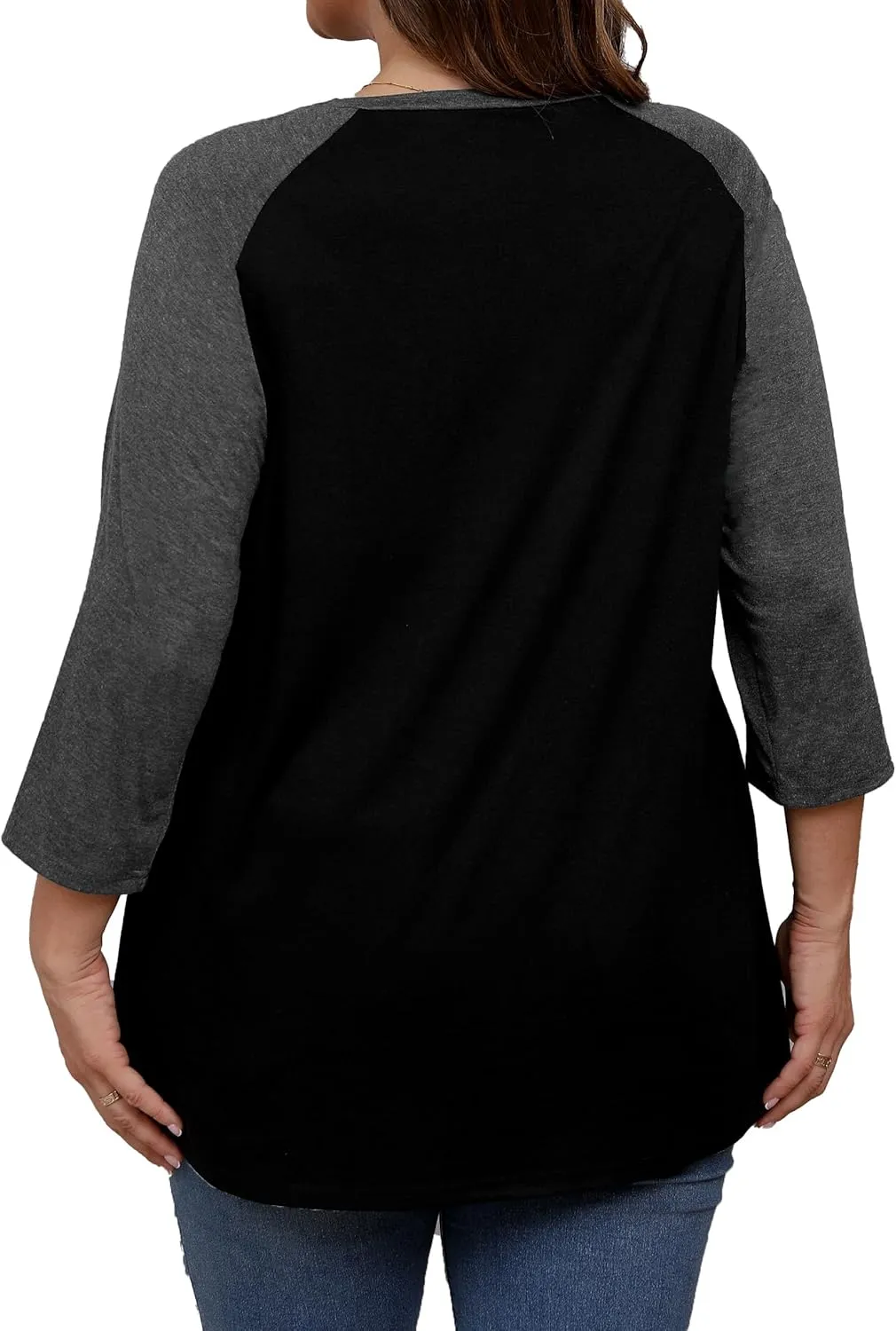 Plus Size 3/4 Sleeve Tops Women Color Block Tshirts Casual Trendy Tee Shirts