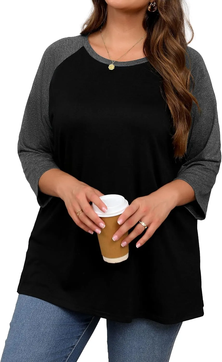 Plus Size 3/4 Sleeve Tops Women Color Block Tshirts Casual Trendy Tee Shirts