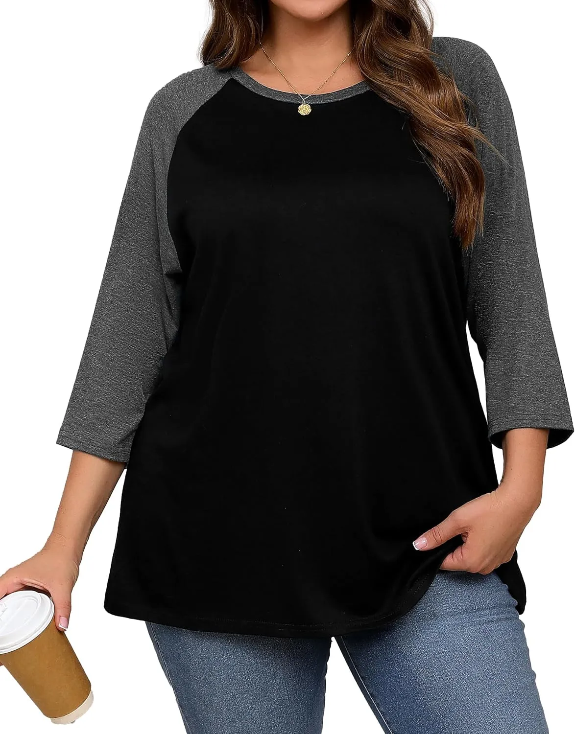 Plus Size 3/4 Sleeve Tops Women Color Block Tshirts Casual Trendy Tee Shirts