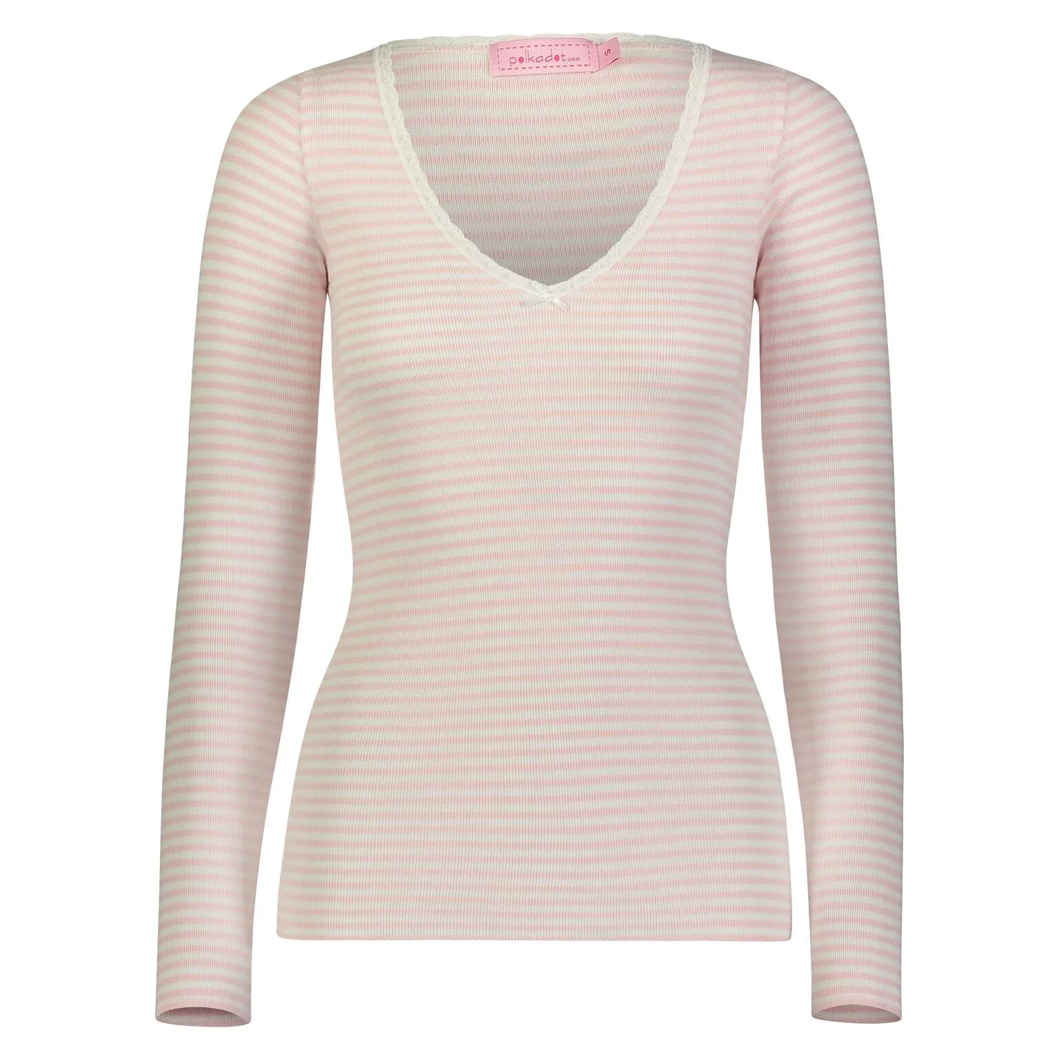 Polkadot V NECK LS TOP Pink Sailor Stripe w Lace