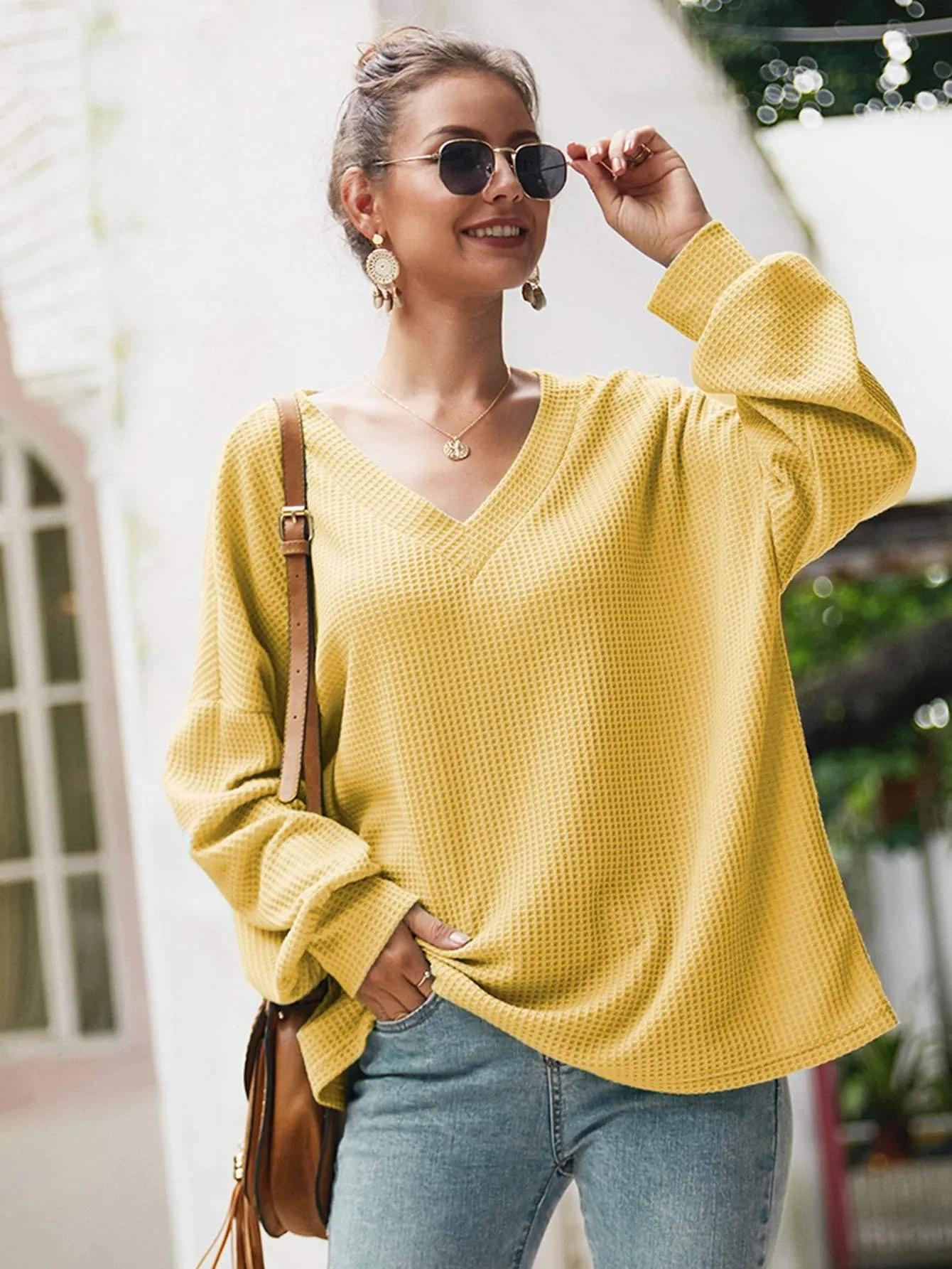Solid V-Neck Waffle Knit Oversized Jumper