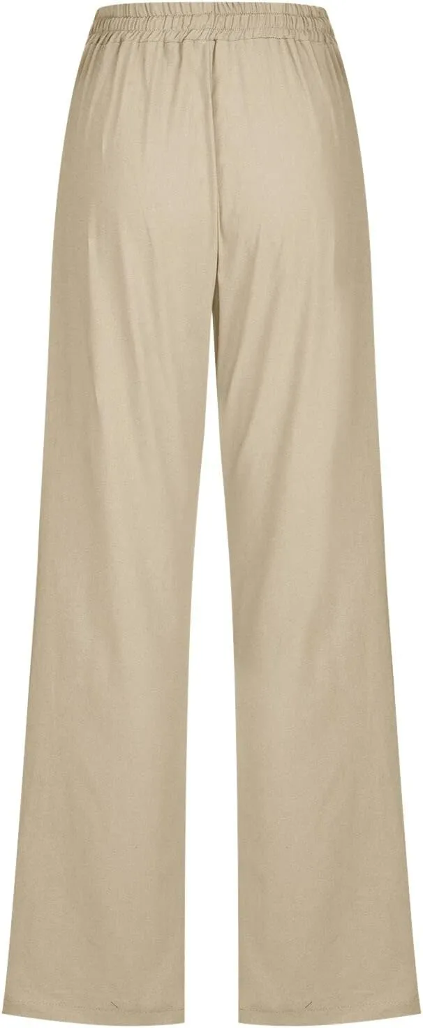 Straight Leg Pants For Women Long Cotton Linen Trouser Elastic High Waist Drawstring Loose Fit Palazzo Sweatpants