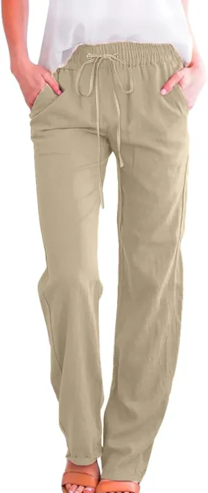 Straight Leg Pants For Women Long Cotton Linen Trouser Elastic High Waist Drawstring Loose Fit Palazzo Sweatpants