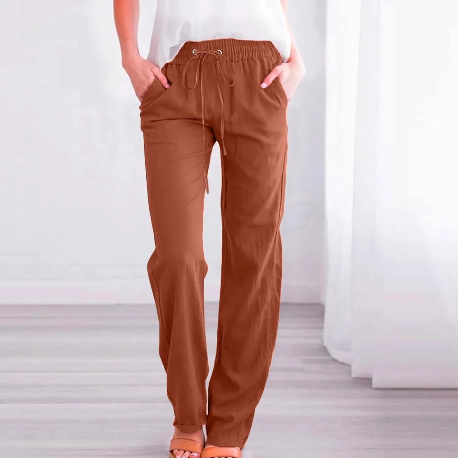 Straight Leg Pants For Women Long Cotton Linen Trouser Elastic High Waist Drawstring Loose Fit Palazzo Sweatpants