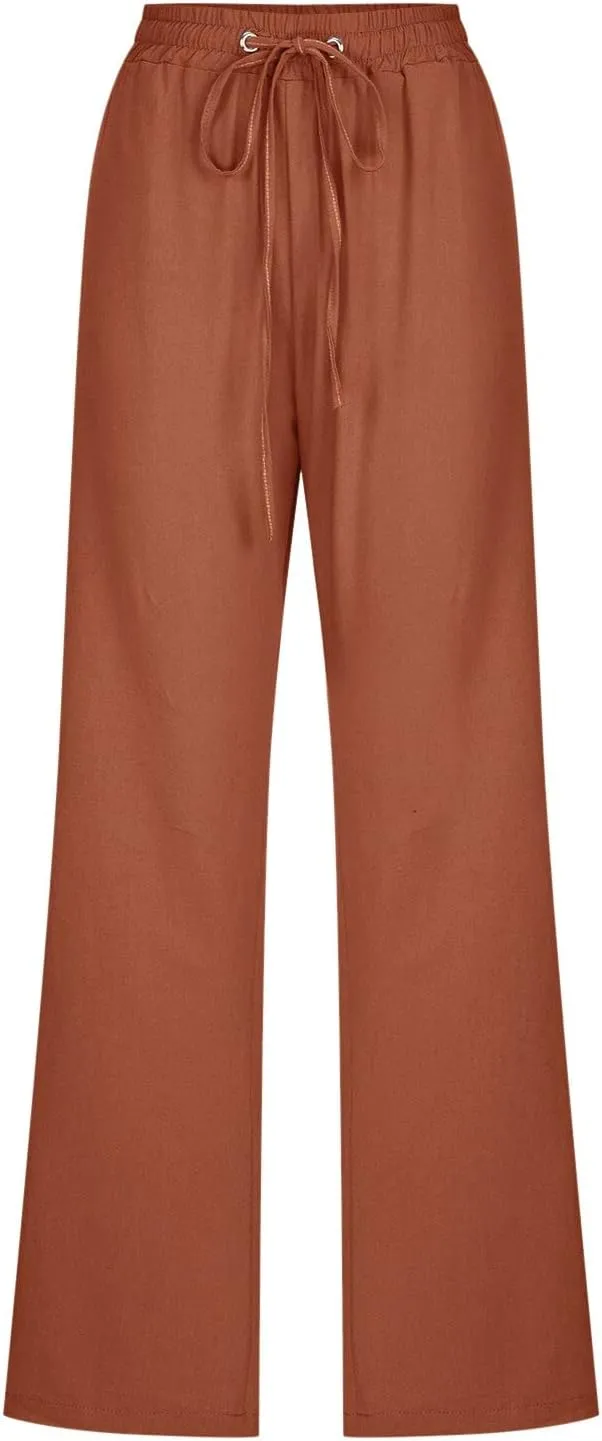 Straight Leg Pants For Women Long Cotton Linen Trouser Elastic High Waist Drawstring Loose Fit Palazzo Sweatpants