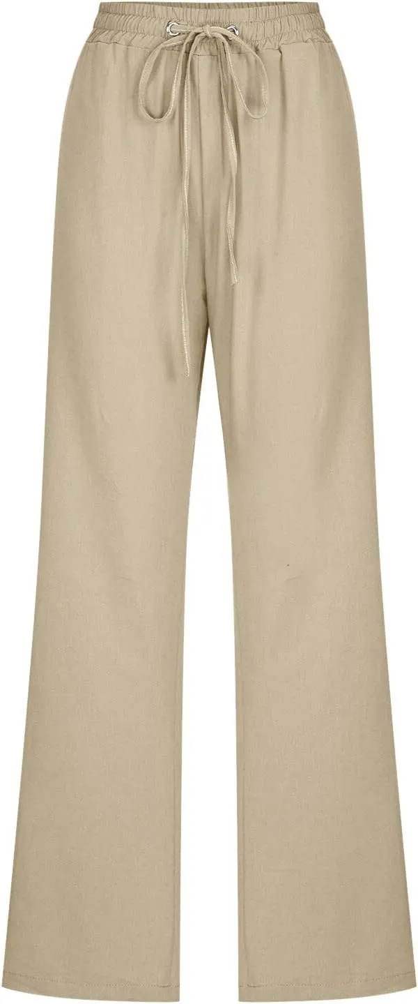 Straight Leg Pants For Women Long Cotton Linen Trouser Elastic High Waist Drawstring Loose Fit Palazzo Sweatpants