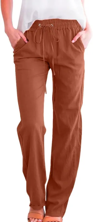 Straight Leg Pants For Women Long Cotton Linen Trouser Elastic High Waist Drawstring Loose Fit Palazzo Sweatpants